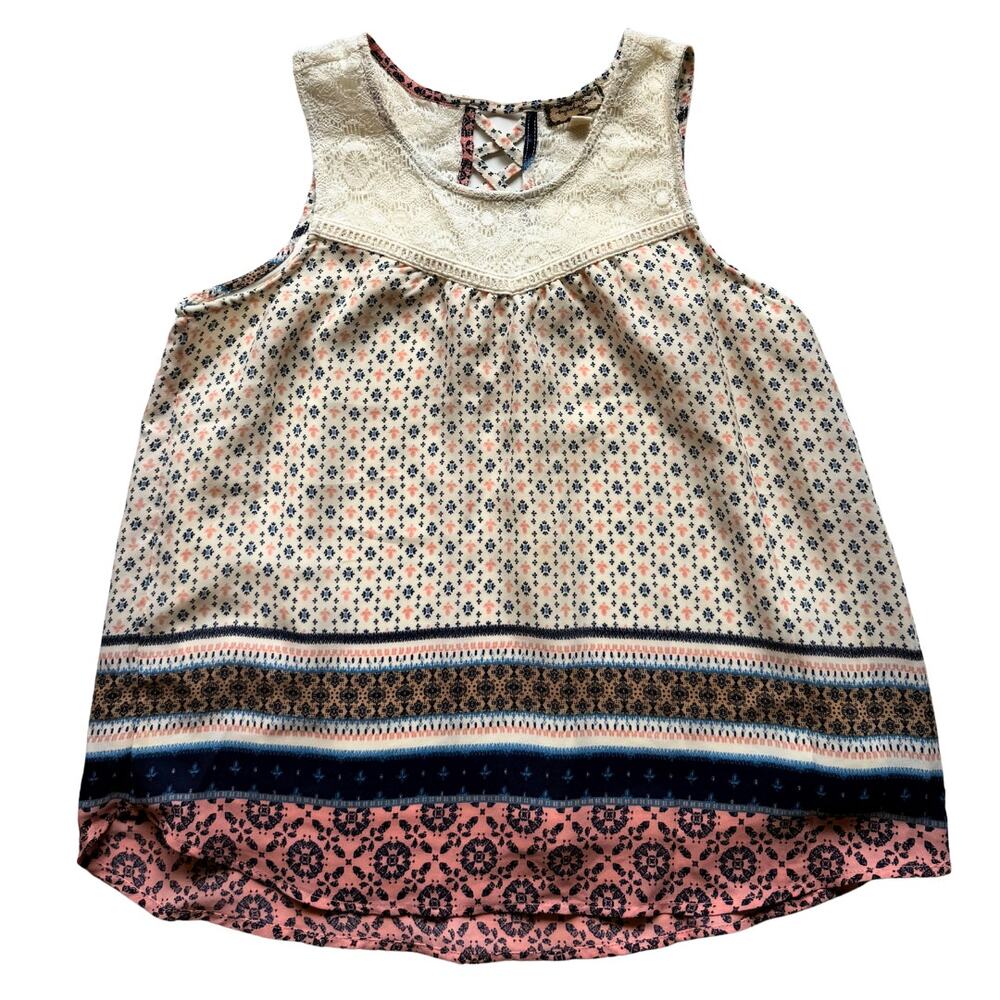 Boho Lace Tank Top Cream Pink Navy Sleeveless Large Cottagecore Western